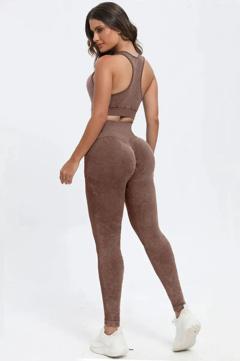 3 Piece Washed Square Neck Wide Strap Active Set for Women - Love Salve